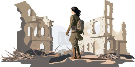 Illustration for Woman soldier in ruined city isolated vector style illustration - Royalty Free Image