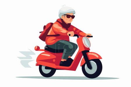 Téléchargez les illustrations : Vieille femme équitation moto isolé vecteur style illustration - en licence libre de droit