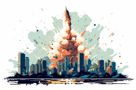 Illustration for Tactical ballistic missile hitting destroyed city isolated vector style illustration - Royalty Free Image
