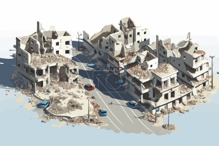 Téléchargez les illustrations : Vue aérienne de la ville détruite illustration de style vectoriel isolé - en licence libre de droit