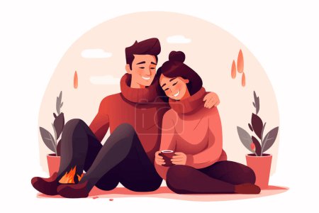 cosy couple at home winter new year isolated vector style illustration