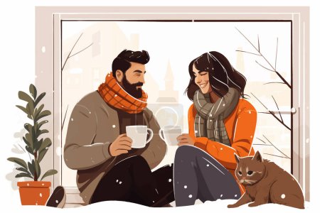 Illustration for Cosy couple at home winter new year isolated vector style illustration - Royalty Free Image