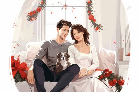 cosy couple at home winter new year isolated vector style illustration