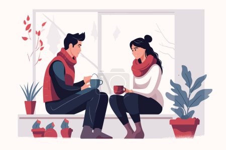 Illustration for Cosy couple at home winter new year isolated vector style illustration - Royalty Free Image