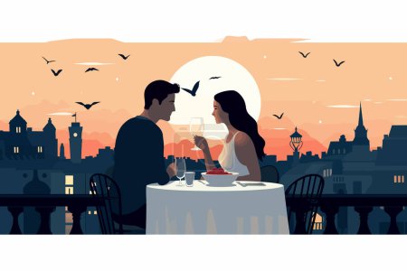 Téléchargez les illustrations : Couple sur une ville romantique Dîner sur le toit illustration de style vectoriel isolé - en licence libre de droit