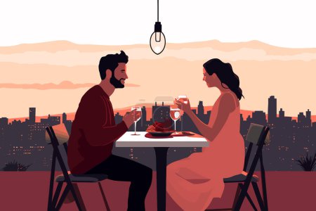 Téléchargez les illustrations : Couple sur une ville romantique Dîner sur le toit illustration de style vectoriel isolé - en licence libre de droit