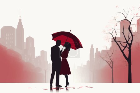 Téléchargez les illustrations : Couple partageant un parapluie dans Rainy City illustration de style vectoriel isolé - en licence libre de droit