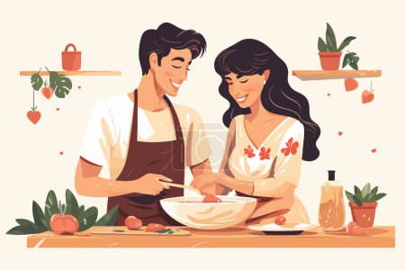 Téléchargez les illustrations : Joyeux couple cuisiner ensemble illustration de style vectoriel isolé - en licence libre de droit