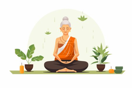 Illustration for Old woman practicing Ayurveda isolated vector style illustration - Royalty Free Image
