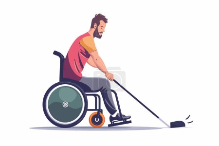 Téléchargez les illustrations : Homme en fauteuil roulant jouant au curling style vectoriel isolé - en licence libre de droit