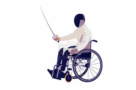 Téléchargez les illustrations : Homme en fauteuil roulant jouant Escrime de style vectoriel isolé - en licence libre de droit