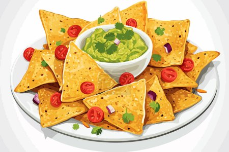 Ilustración de Placa de nachos con guacamole aislado estilo vectorial - Imagen libre de derechos