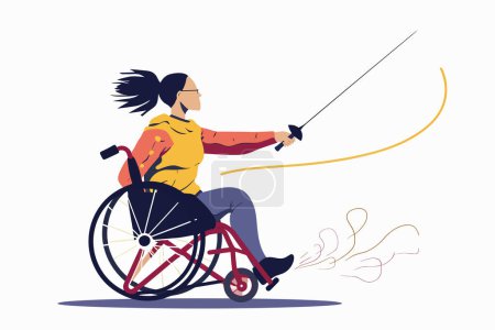 Téléchargez les illustrations : Femme en fauteuil roulant jouant escrime de style vectoriel isolé - en licence libre de droit