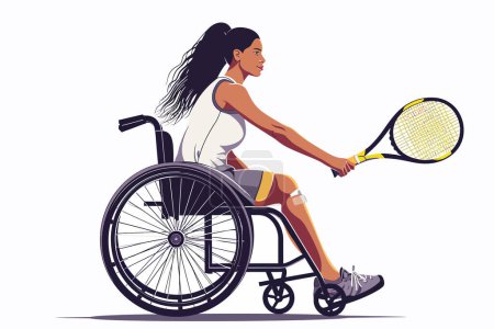 Téléchargez les illustrations : Femme en fauteuil roulant jouant Tennis style vectoriel isolé - en licence libre de droit
