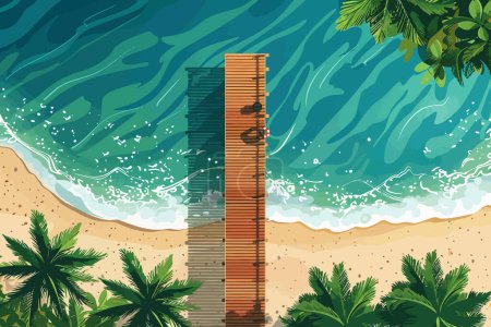 Téléchargez les illustrations : Vue aérienne de la jetée sur la plage tropicale style vectoriel isolé - en licence libre de droit