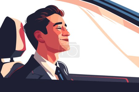 Ilustración de Hombre feliz en traje de negocios mirando desde el lado del coche viento aislado vector estilo - Imagen libre de derechos