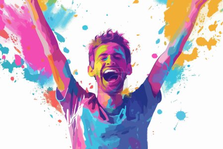 Téléchargez les illustrations : Homme heureux recouvert de poudre Holi coloré style vectoriel isolé - en licence libre de droit