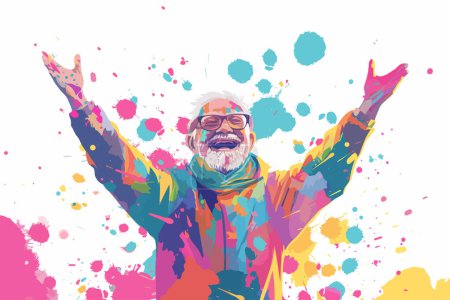 Ilustración de Feliz viejo hombre cubierto con colorido Holi polvo aislado vector estilo - Imagen libre de derechos
