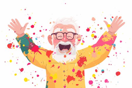 Illustration for Happy old man covered with colorful Holi powder isolated vector style - Royalty Free Image