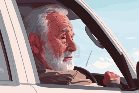 Ilustración de Viejo hombre feliz mirando desde la ventana lateral del coche aislado estilo de vector - Imagen libre de derechos