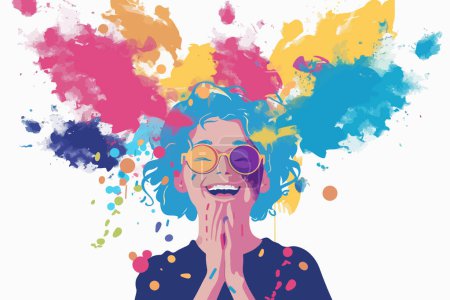 Téléchargez les illustrations : Heureuse vieille femme recouverte de poudre Holi coloré style vectoriel isolé - en licence libre de droit