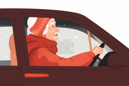 Ilustración de Feliz anciana mirando desde el lado del coche ventana aislado vector estilo - Imagen libre de derechos