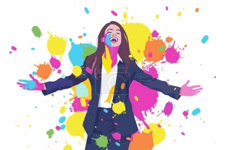 Téléchargez les illustrations : Femme heureuse en costume d'affaires recouvert de style vectoriel isolé Ho coloré - en licence libre de droit
