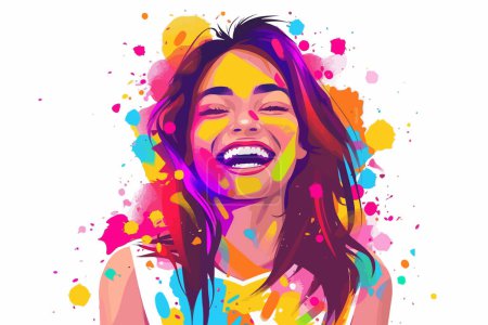 Téléchargez les illustrations : Femme heureuse recouverte de poudre Holi coloré style vectoriel isolé - en licence libre de droit