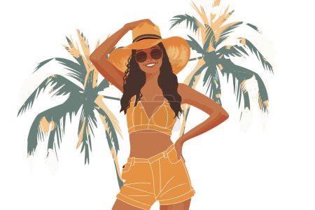 Illustration for Smiling woman sandy tropical beach isolated vector style - Royalty Free Image