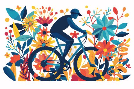 Illustration for Bicyclist Riding Through Floral Trail isolated vector style - Royalty Free Image