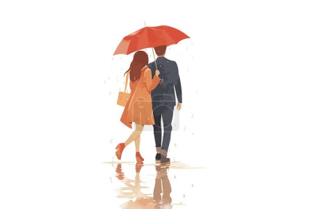 Illustration for Couple Walking Under Umbrella in Rain isolated vector style - Royalty Free Image