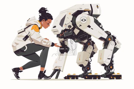 Téléchargez les illustrations : Ingénieur Féminin Avec Robotique Projets style vectoriel isolé - en licence libre de droit
