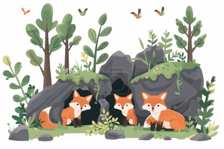 Illustration for Fox Cubs Emerging From Forest Den isolated vector style - Royalty Free Image
