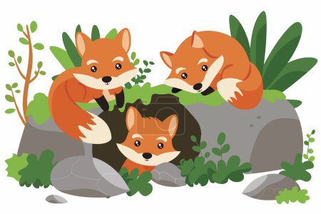 Illustration for Fox Cubs Emerging From Forest Den isolated vector style - Royalty Free Image