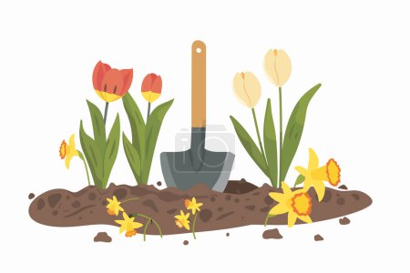 Téléchargez les illustrations : Truelle à main avec tulipes et jonquilles style vectoriel isolé - en licence libre de droit