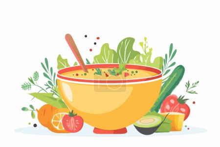 Téléchargez les illustrations : Soupe de légumes de printemps maison style vectoriel isolé - en licence libre de droit