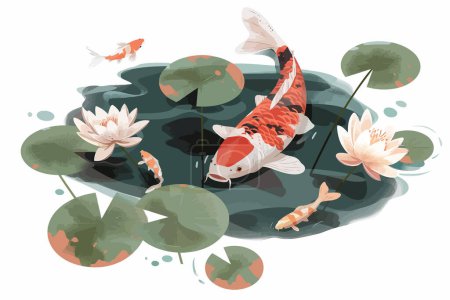 Illustration for Koi Pond With Blooming Water Lilies isolated vector style - Royalty Free Image