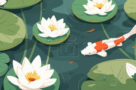 Ilustración de Estanque Koi con flores de nenúfares aislado estilo vectorial - Imagen libre de derechos