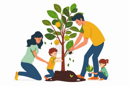Téléchargez les illustrations : Printemps Equinox Family Planting Tree style vectoriel isolé - en licence libre de droit