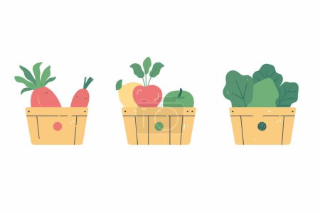Téléchargez les illustrations : Légumes et fruits au marché biologique style vectoriel isolé - en licence libre de droit