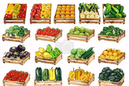 Ilustración de Verduras y Frutas en el Mercado Orgánico aislado estilo vectorial - Imagen libre de derechos