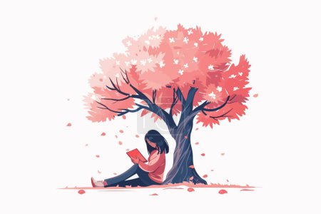 Téléchargez les illustrations : Jeune femme lisant sous cerisier style vectoriel isolé - en licence libre de droit