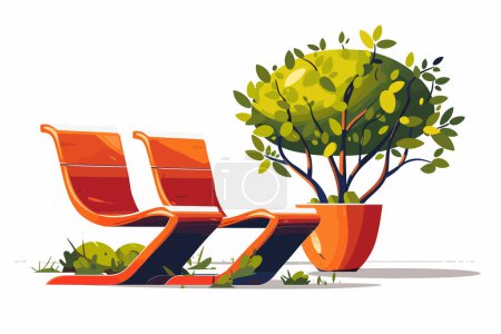 Ilustración de Asientos al aire libre modernos y maceta de árbol aislado estilo vector - Imagen libre de derechos