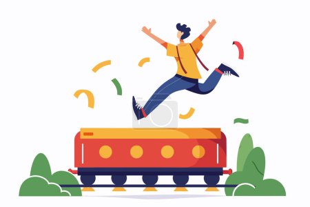 Téléchargez les illustrations : Homme saute sur le style vectoriel isolé de train en marche - en licence libre de droit