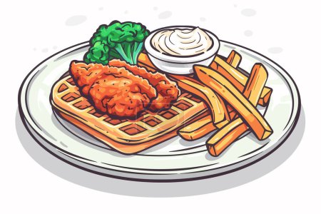 Illustration for Karaage chicken on waffle with fries and Mayo isolated vector style - Royalty Free Image