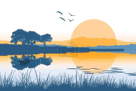 Téléchargez les illustrations : Sunrise lac isolé style vectoriel - en licence libre de droit