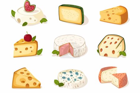 Téléchargez les illustrations : Assortiment de fromages gastronomiques de style vectoriel isolé - en licence libre de droit