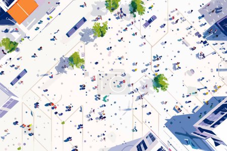 Téléchargez les illustrations : Vue par drone d'une ville animée de style vectoriel isolé carré - en licence libre de droit