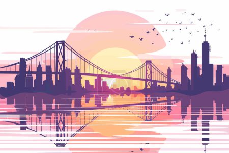 Téléchargez les illustrations : Paysage urbain majestueux avec un style vectoriel isolé pont moderne - en licence libre de droit