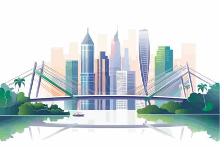 Ilustración de Majestuoso paisaje urbano con un moderno puente de estilo vectorial aislado - Imagen libre de derechos